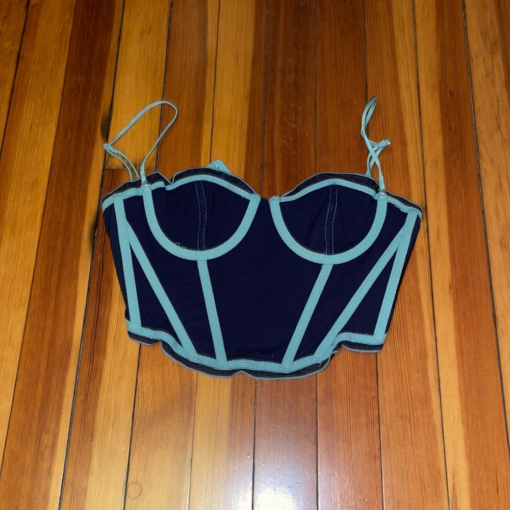 corset top, teal and navy blue